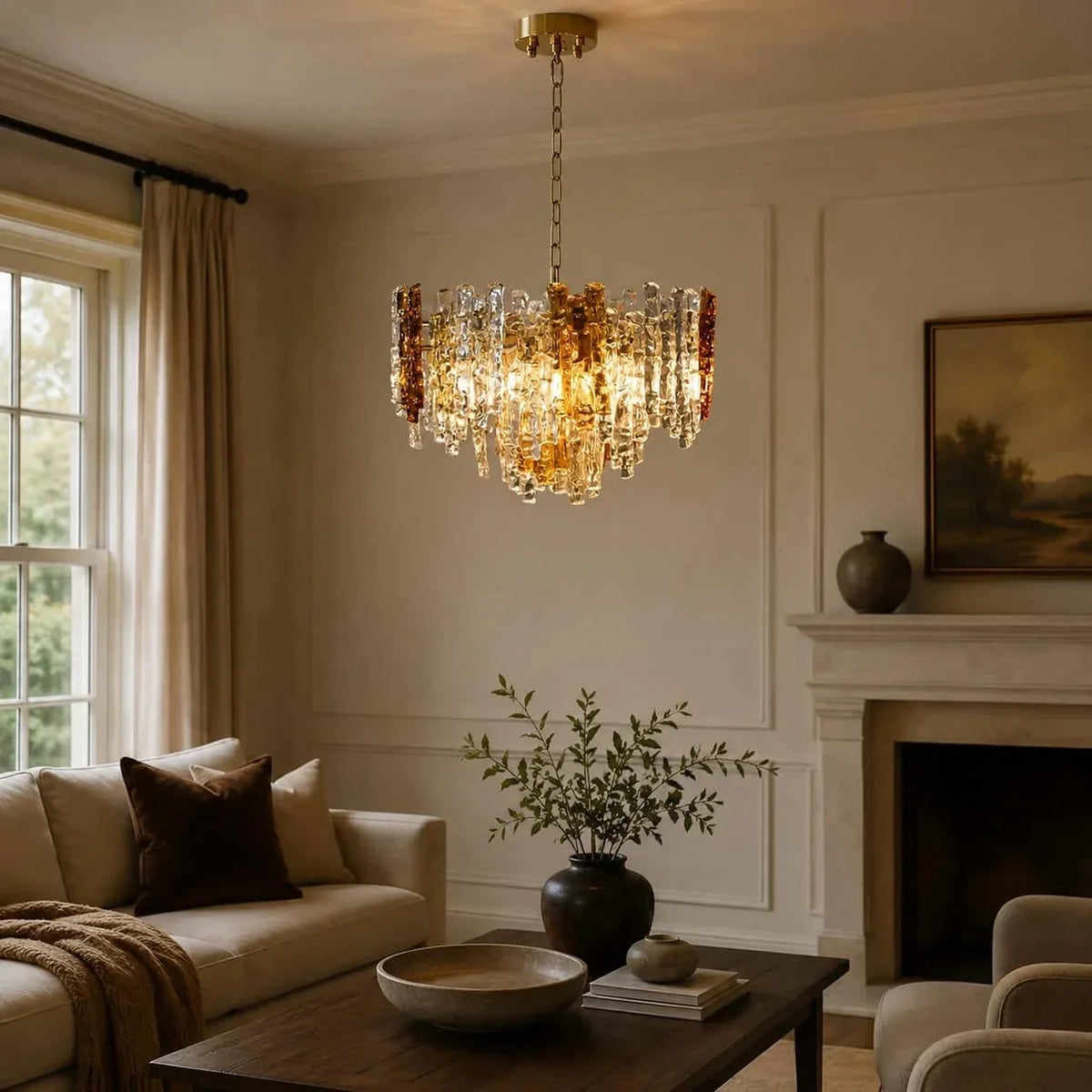 Brutalist Chandelier in amber ice glass for Dining Room by AUVIELIGHT