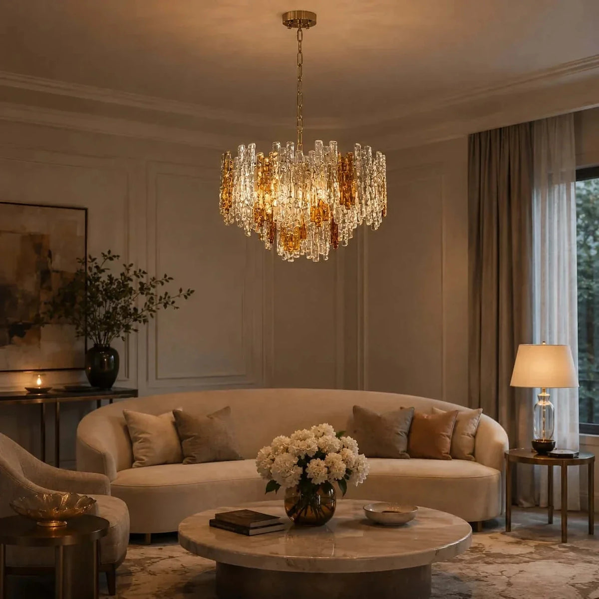Brutalist Chandelier in amber ice glass for Dining Room by AUVIELIGHT