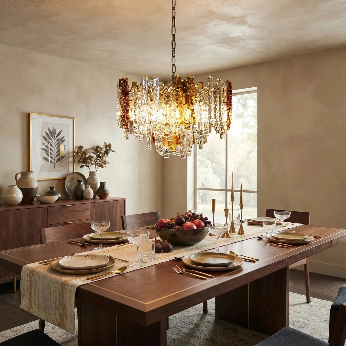 Brutalist Chandelier in amber ice glass for Dining Room by AUVIELIGHT