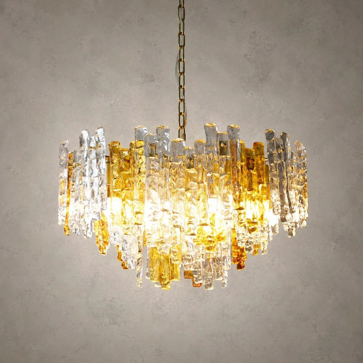 Brutalist Chandelier in amber ice glass for Dining Room by AUVIELIGHT, Dia 26.8" x H 15.7" / Amber