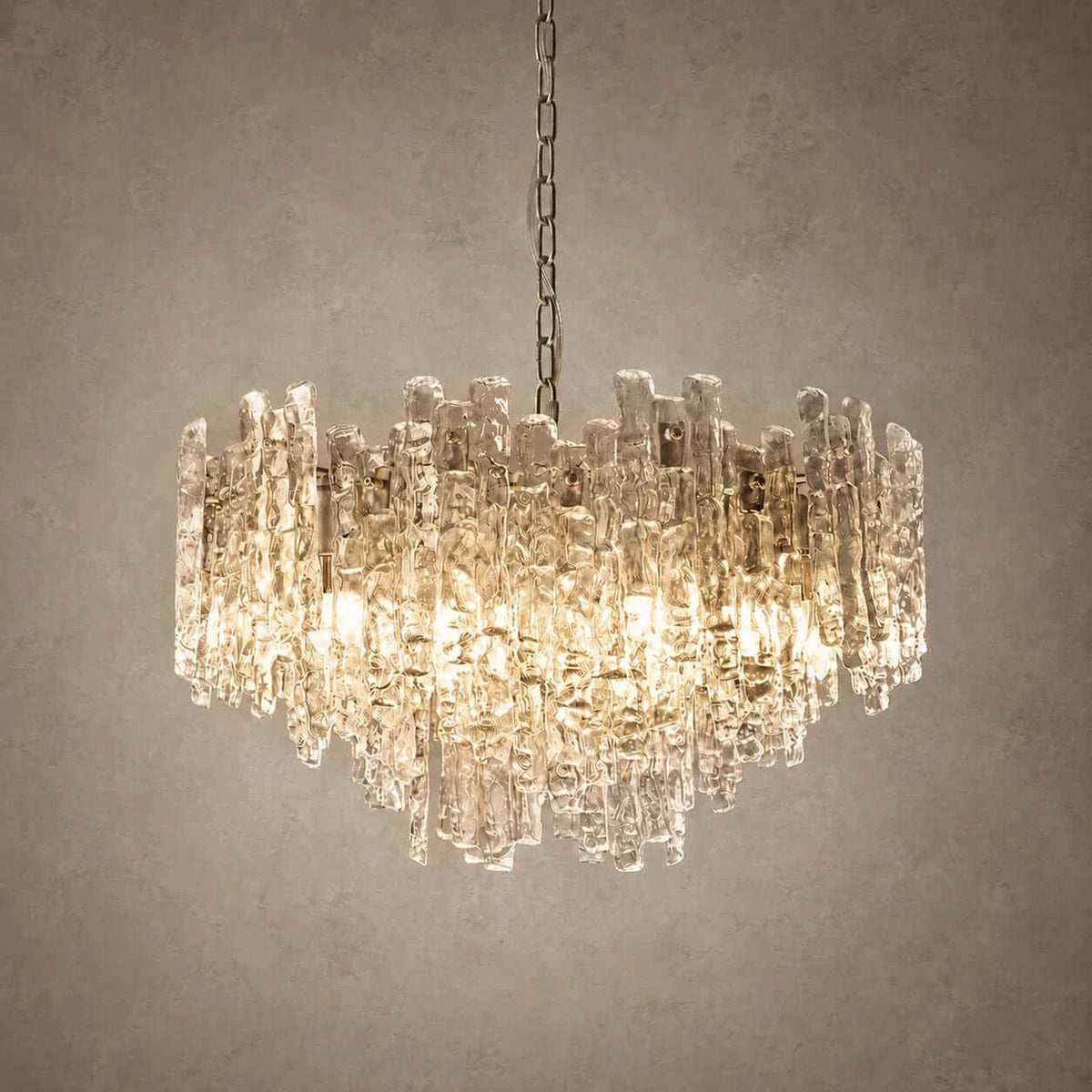 Brutalist Chandelier in amber ice glass for Dining Room by AUVIELIGHT, Dia 26.8" x H 15.7" / Clear