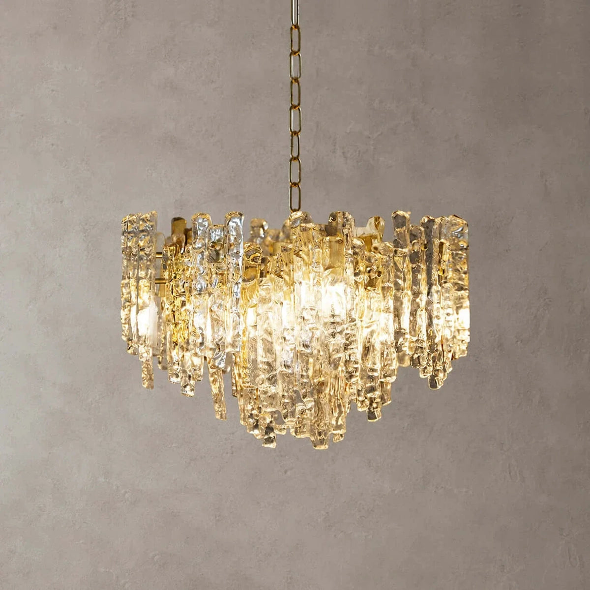 Brutalist Chandelier in amber ice glass for Dining Room by AUVIELIGHT, Dia 21.7" x H 13.8" / Clear