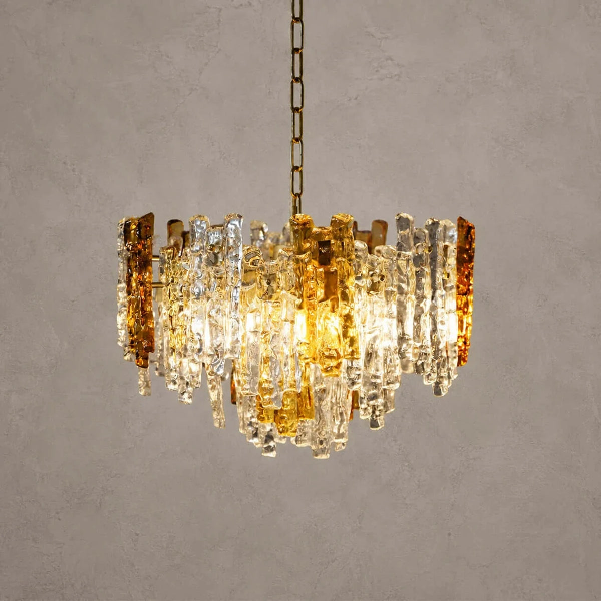 Brutalist Chandelier in amber ice glass for Dining Room by AUVIELIGHT, Dia 21.7" x H 13.8" / Amber
