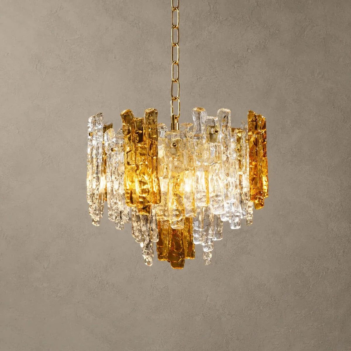 Brutalist Chandelier in amber ice glass for Dining Room by AUVIELIGHT, Dia 16.9" x H 13.4" / Amber