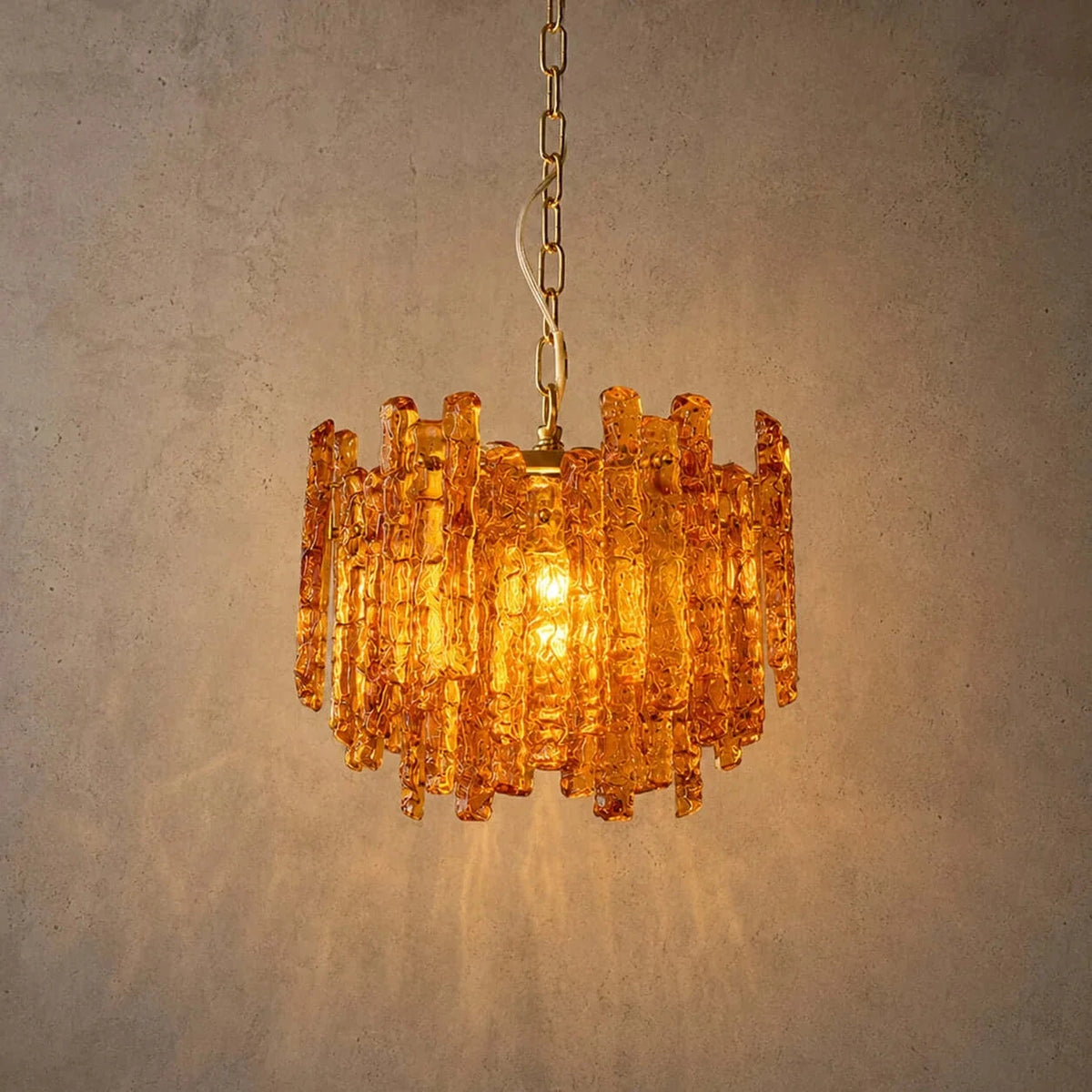 Brutalist Chandelier in amber ice glass for Dining Room by AUVIELIGHT, Dia 14.2" x H 12.2" / Amber