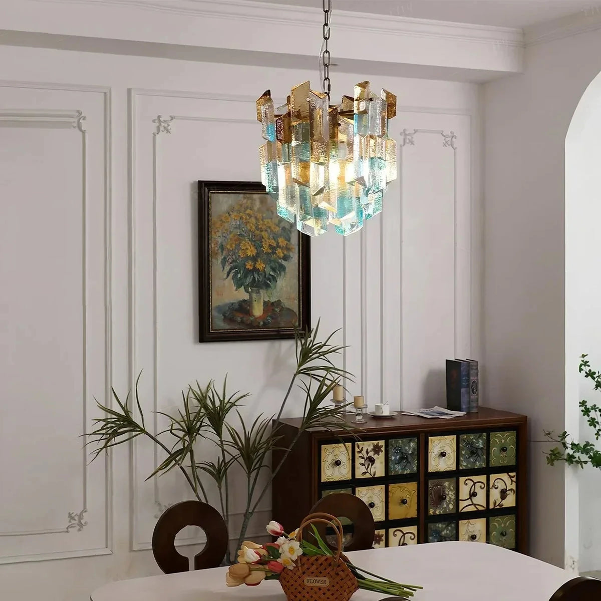 Brutalist Cylinder Chandelier in ice glass for Dining Room by AUVIELIGHT