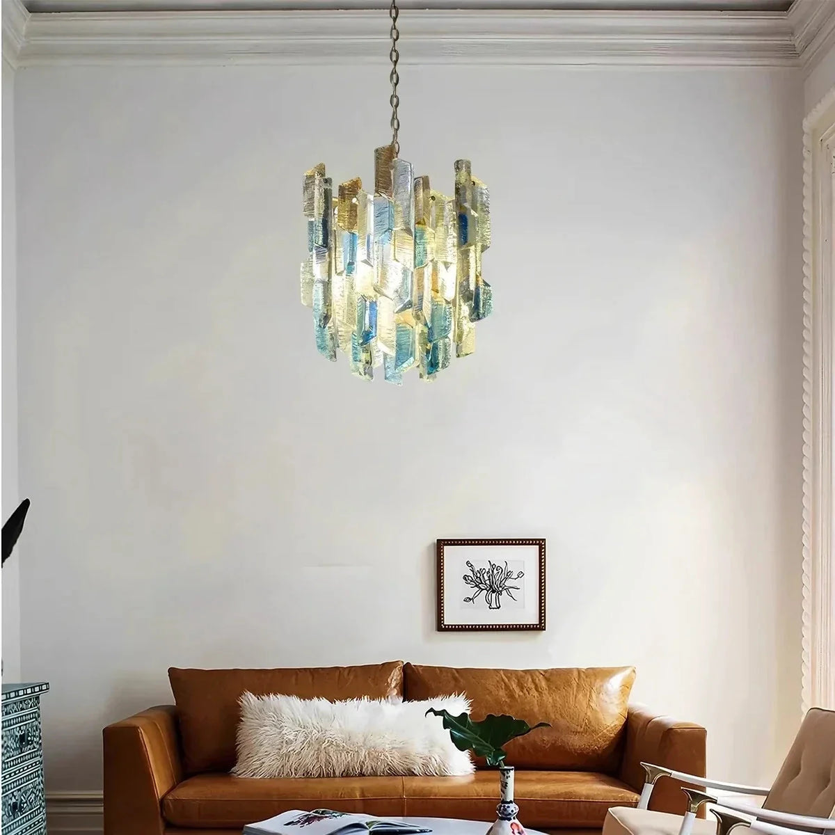 Brutalist Cylinder Chandelier in ice glass for Dining Room by AUVIELIGHT