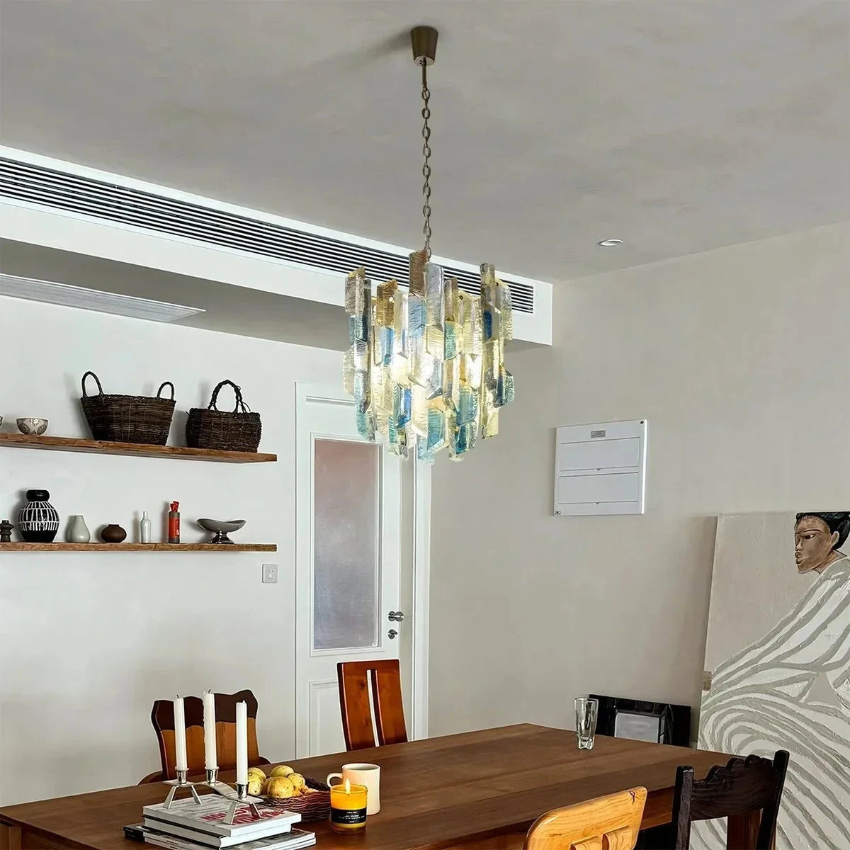 Brutalist Cylinder Chandelier in ice glass for Dining Room by AUVIELIGHT