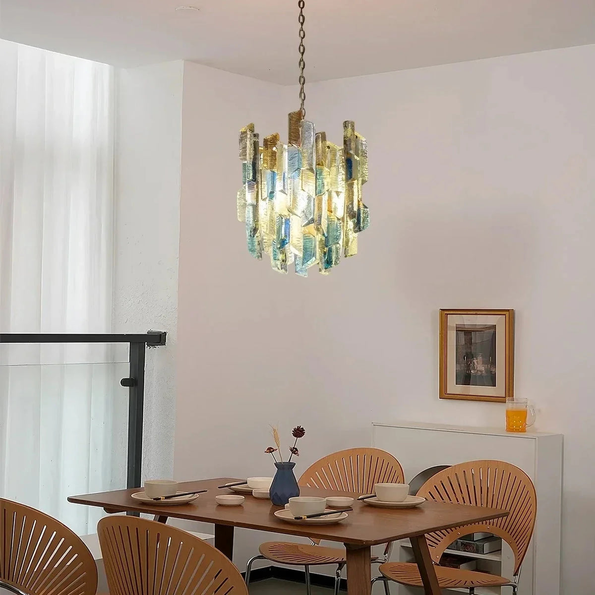 Brutalist Cylinder Chandelier in ice glass for Dining Room by AUVIELIGHT