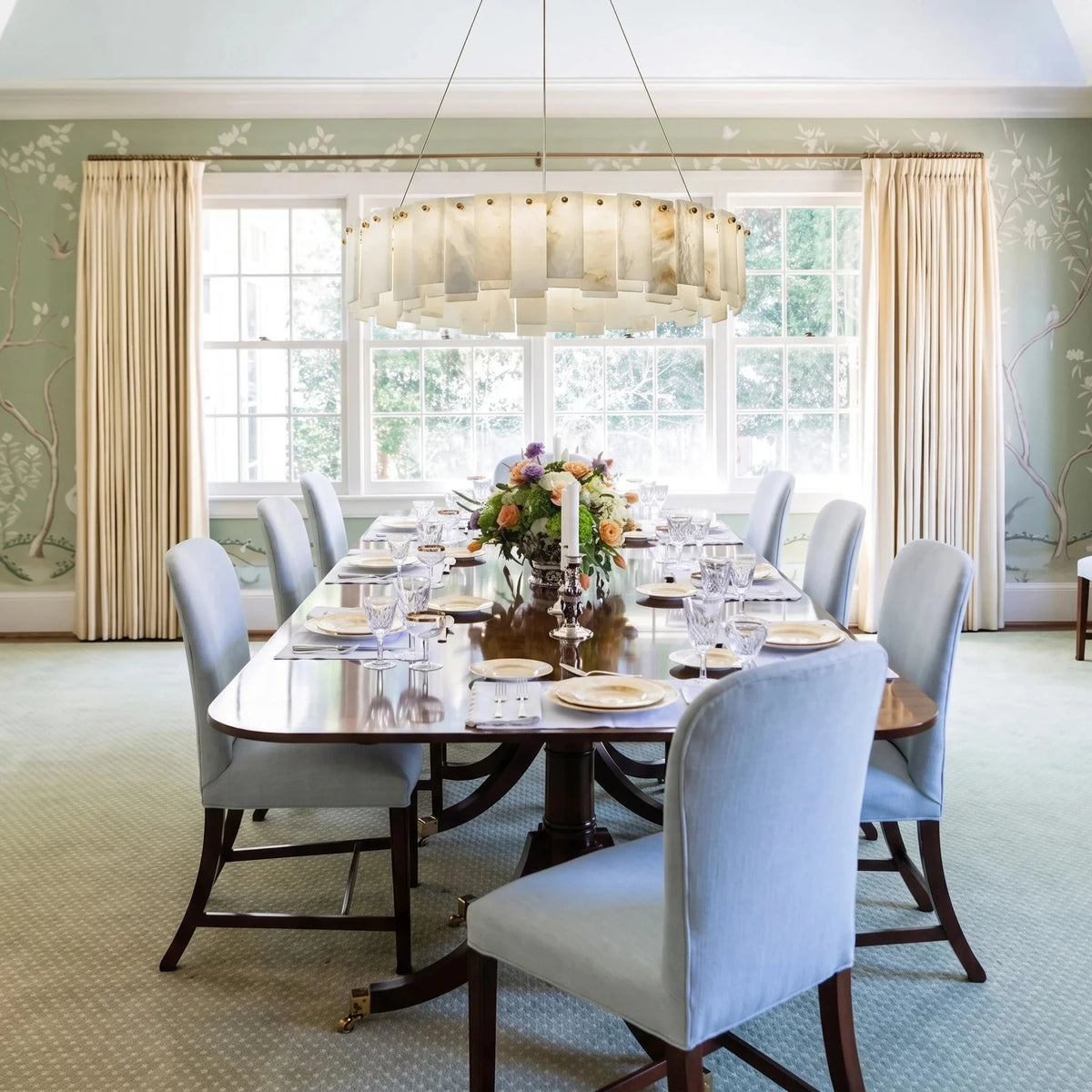 Cable-Hung Ring Chandelier in alabaster for Dining Room light fixture by AUVIELIGHT
