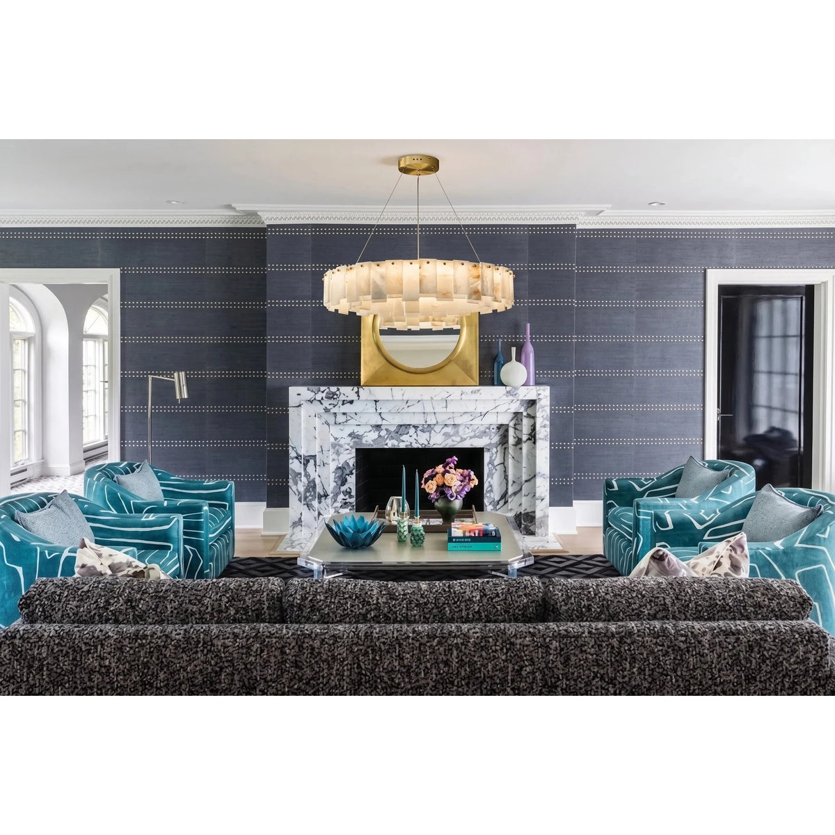 Cable-Hung Ring Chandelier in alabaster for Dining Room light fixture by AUVIELIGHT