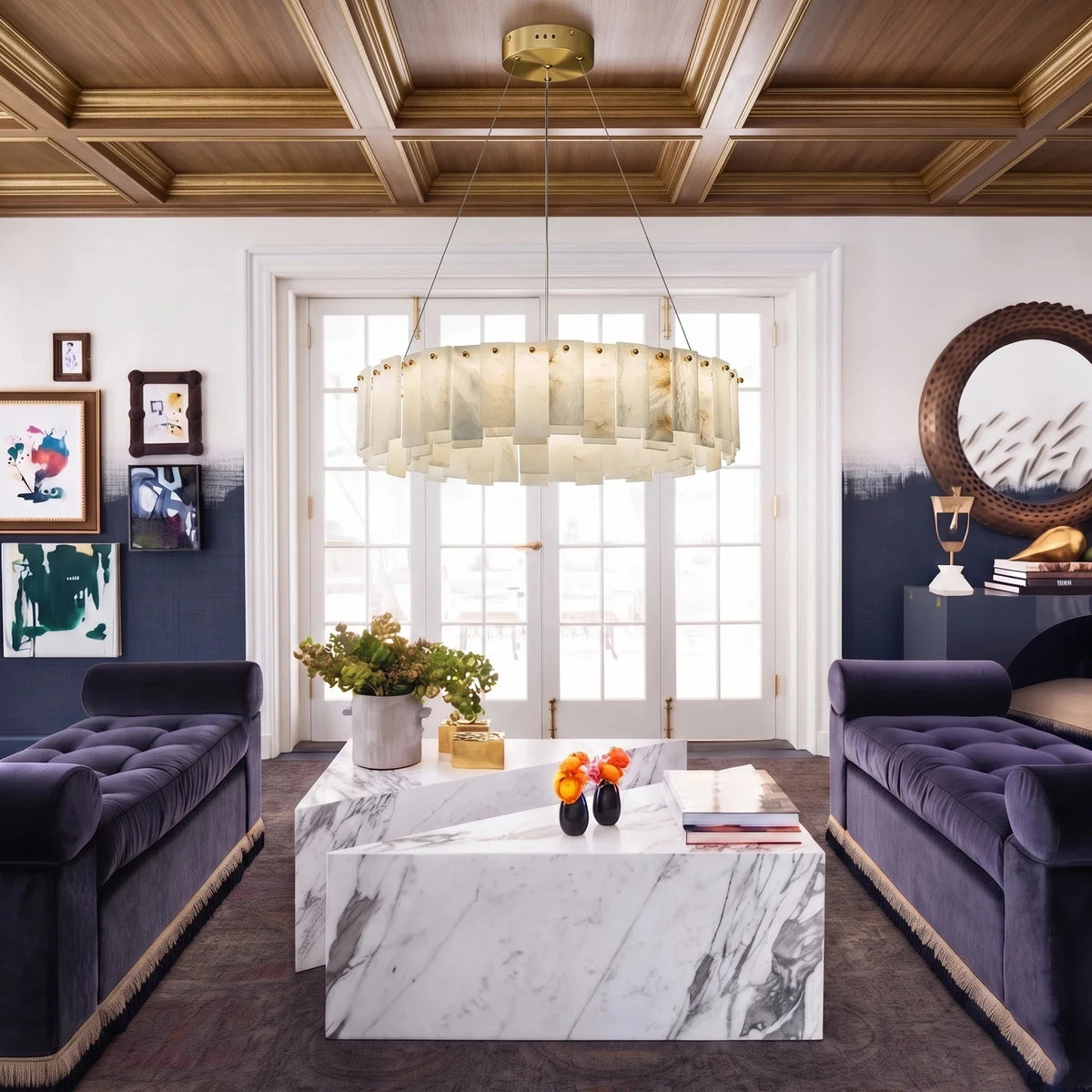 Cable-Hung Ring Chandelier in alabaster for Dining Room light fixture by AUVIELIGHT