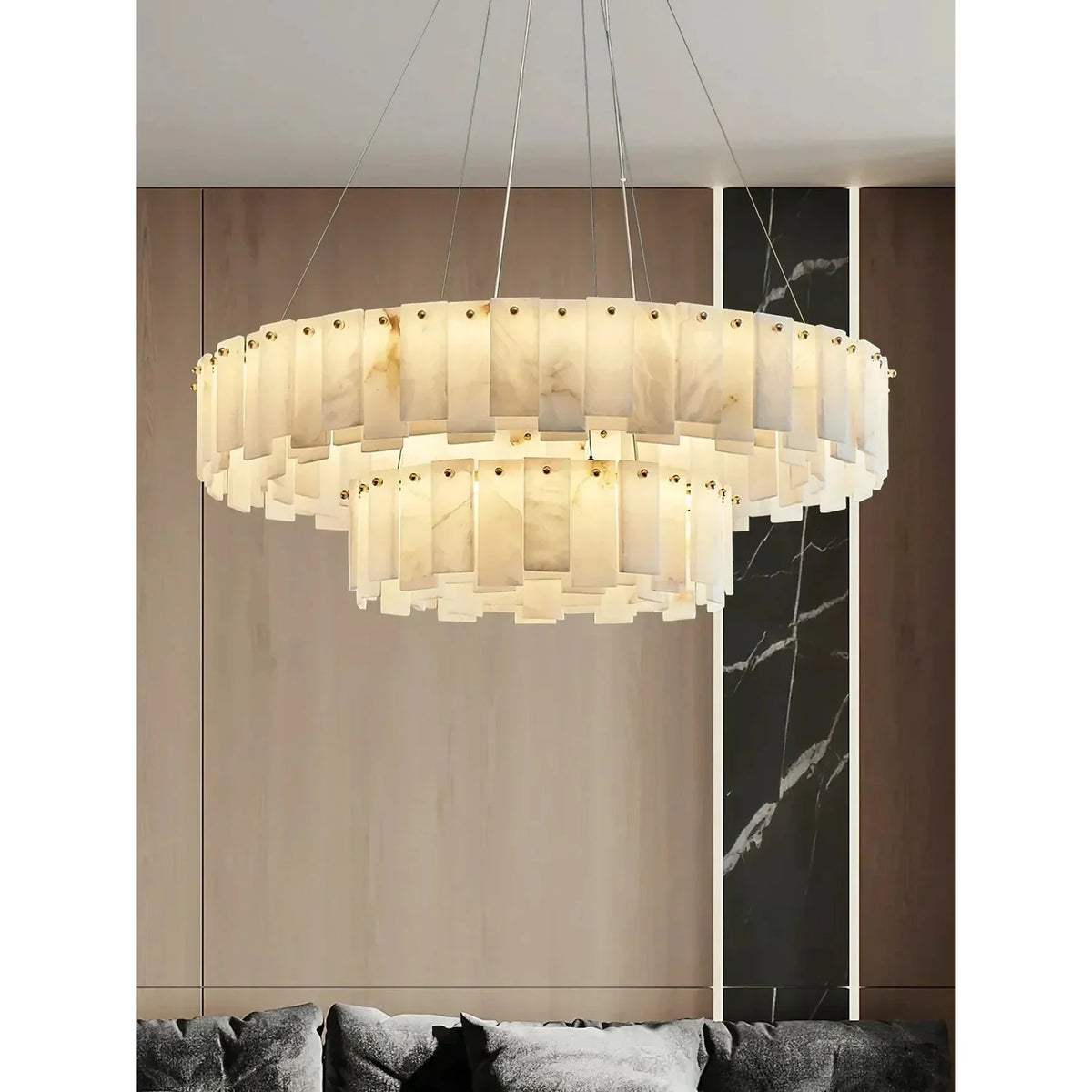 Cable-Hung Ring Chandelier in alabaster for Dining Room light fixture by AUVIELIGHT