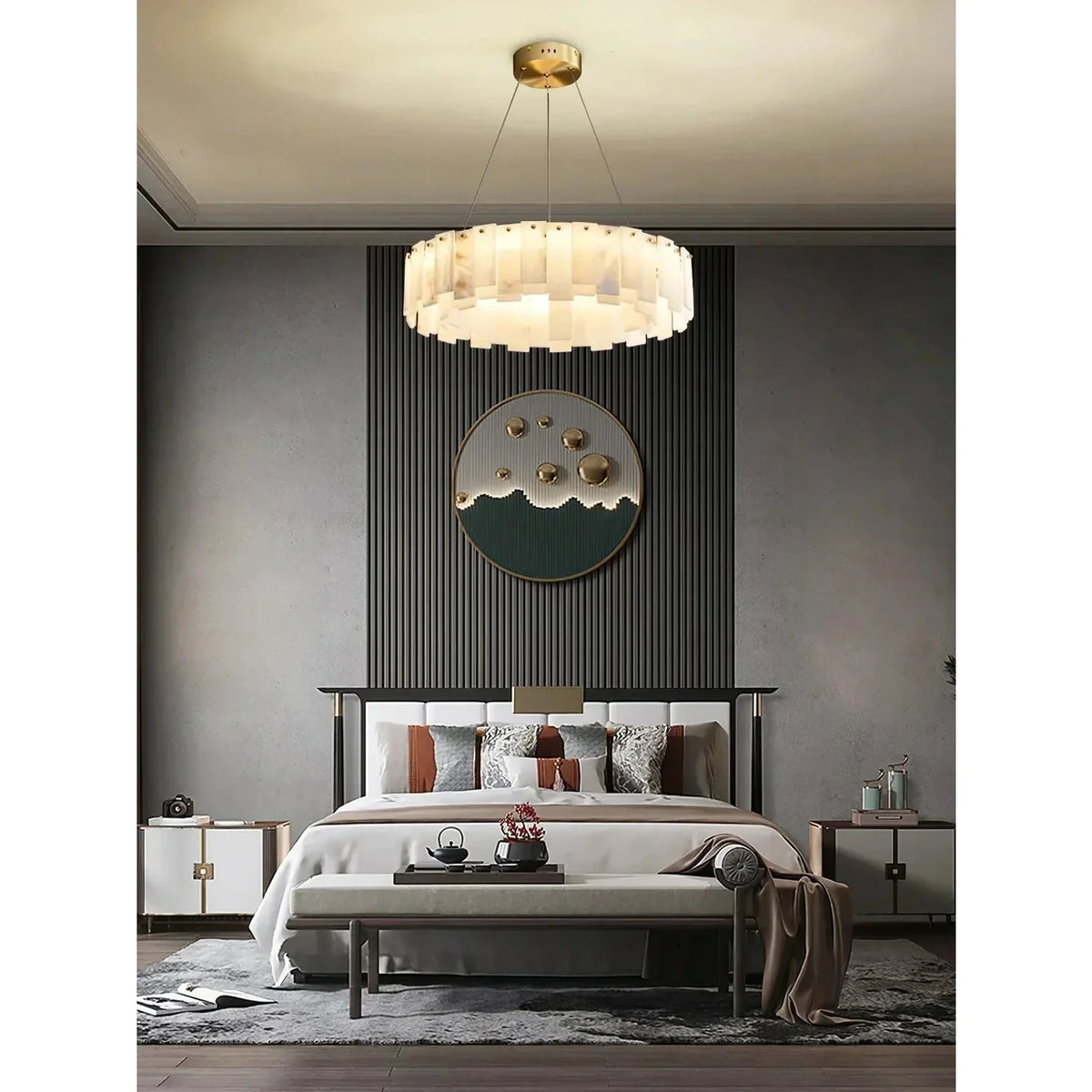 Cable-Hung Ring Chandelier in alabaster for Dining Room light fixture by AUVIELIGHT