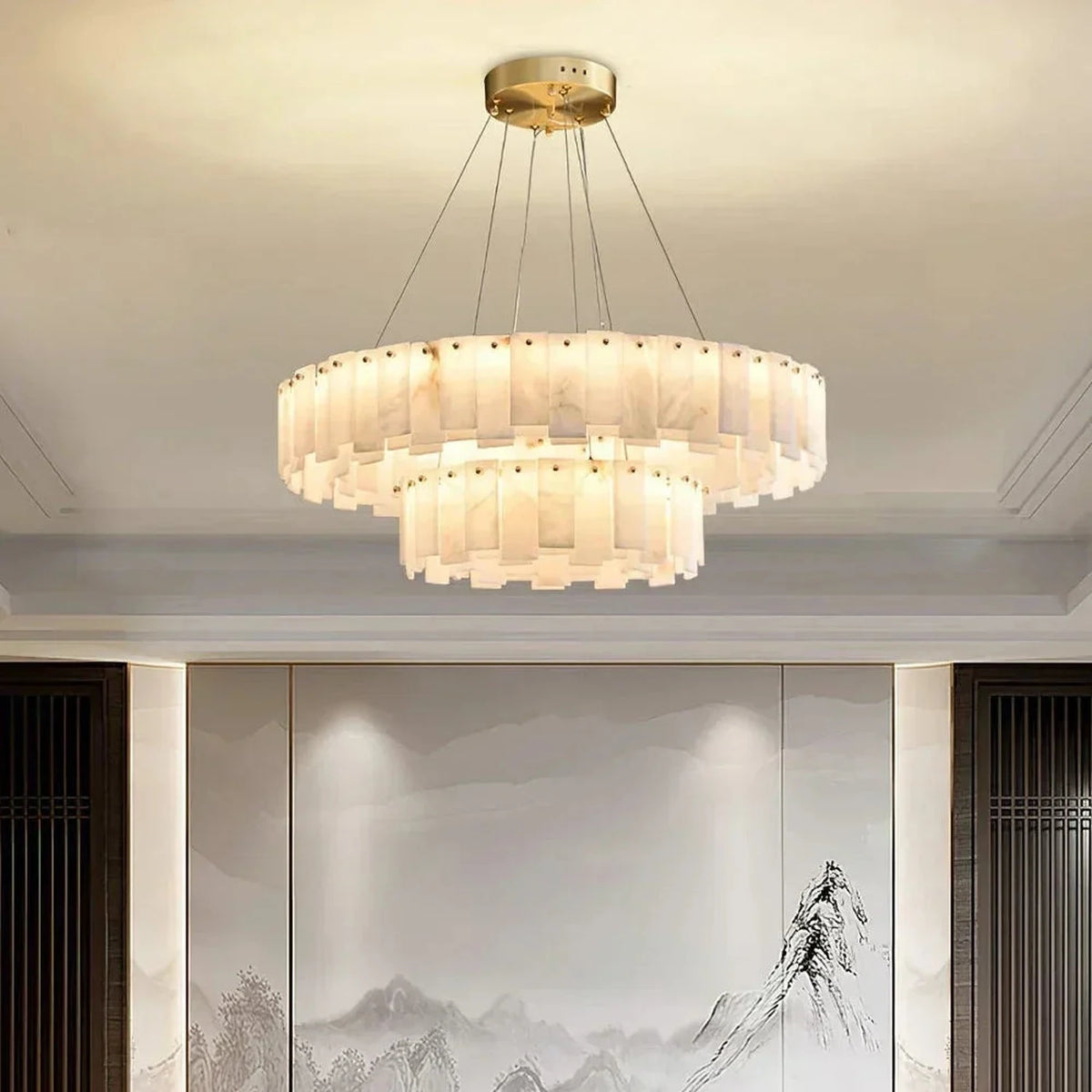 Cable-Hung Ring Chandelier in alabaster for Dining Room light fixture by AUVIELIGHT
