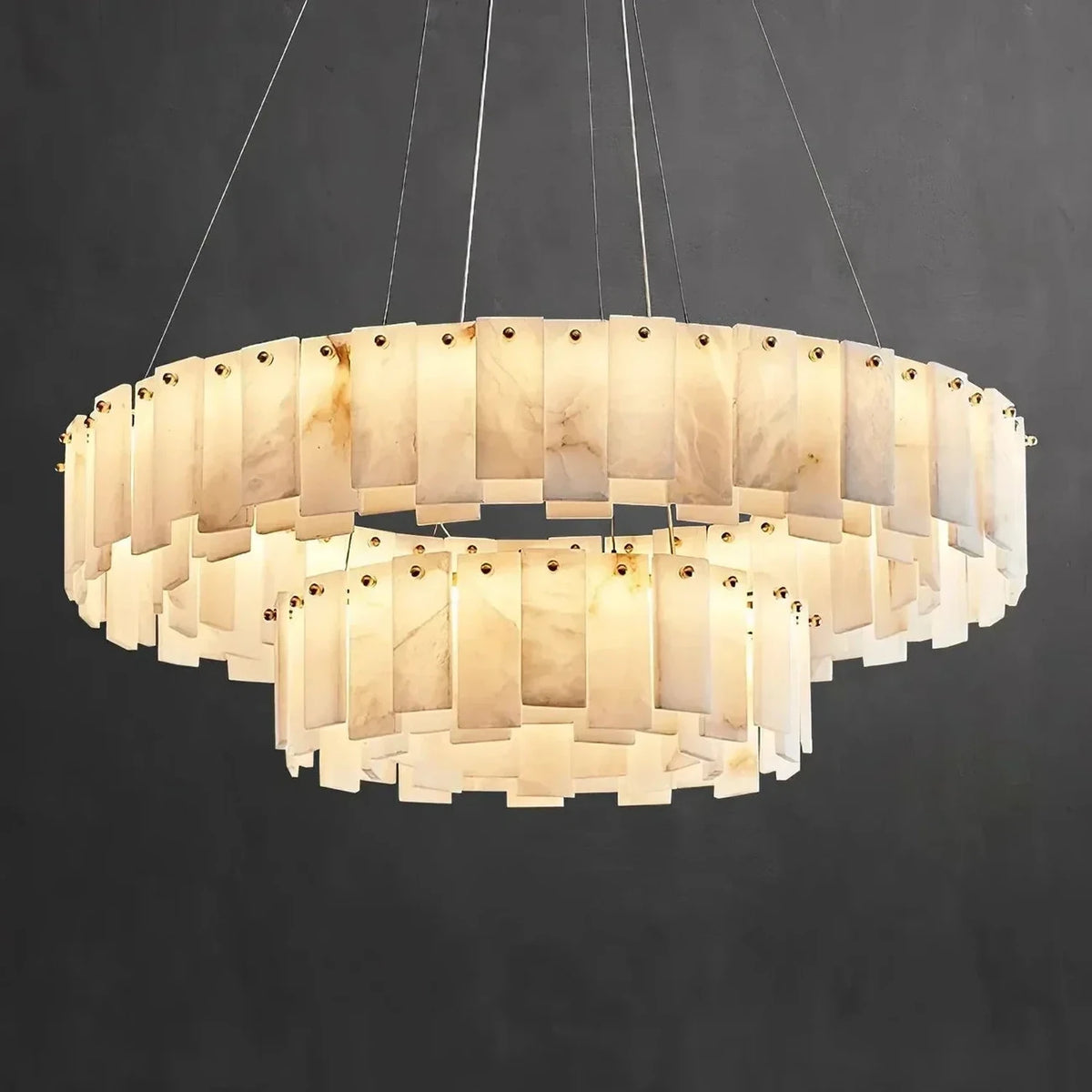 Cable-Hung Ring Chandelier in alabaster for Dining Room light fixture by AUVIELIGHT, 2 Layer ∅ 31.5″ x H 11″ / Brass + White