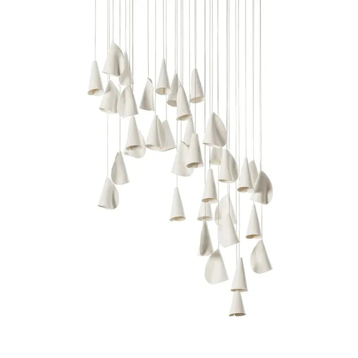 Cascade Petal Chandelier in porcelain for Dining Room light fixture by AUVIELIGHT, 36 heads Long canopy : L 110cm x H 400cm / L 43.3″ x H 157.5″