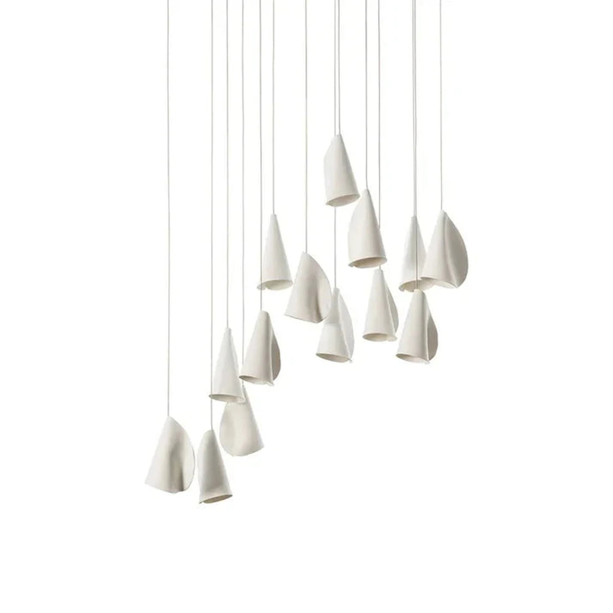 Cascade Petal Chandelier in porcelain for Dining Room light fixture by AUVIELIGHT, 14 heads Long canopy : L 31.5″ x W 9.1″ x H 118.1″ / White