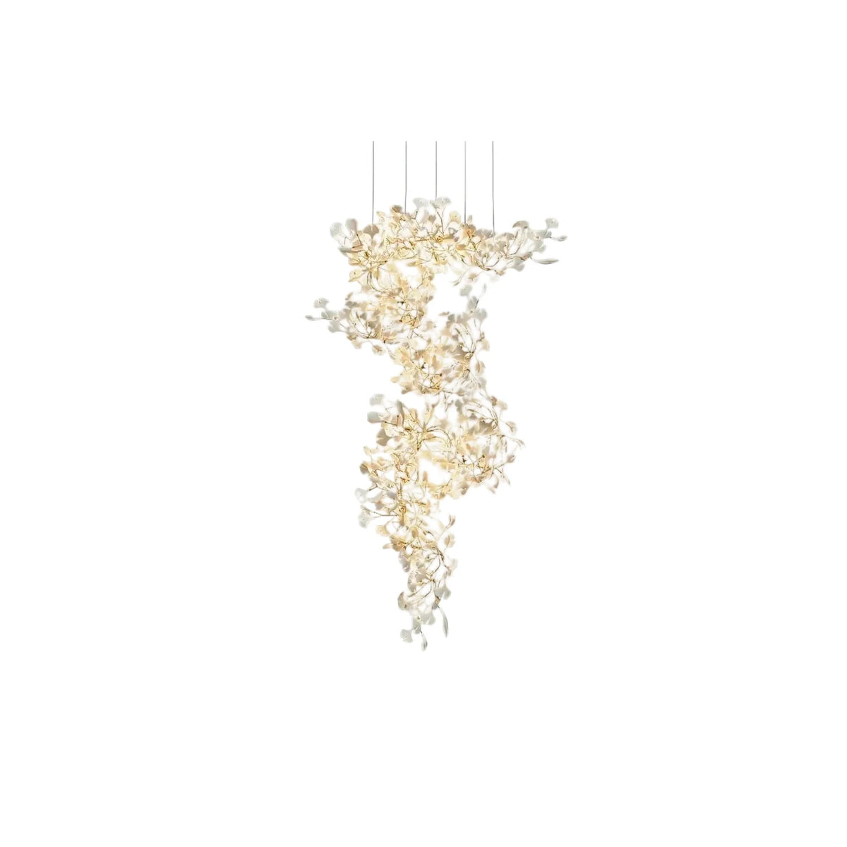 CascadeFlora Ginkgo Leaf Staircase Chandelier light fixture by AUVIELIGHT, ∅ 39.3″ × H 70.9″ / White & Gold