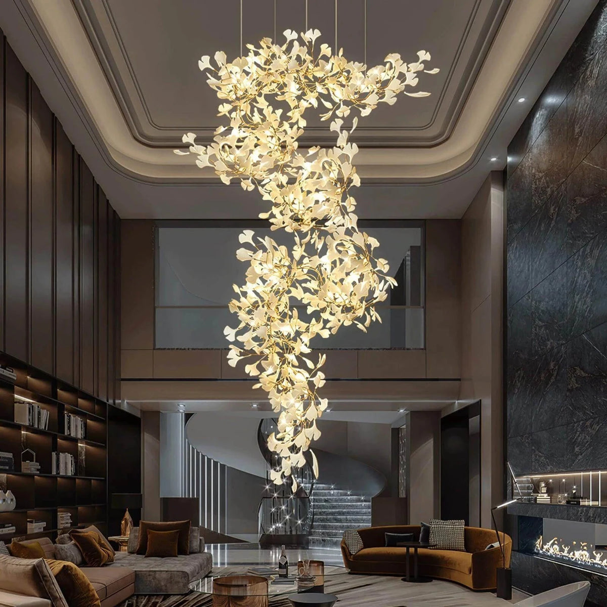 CascadeFlora Ginkgo Leaf Staircase Chandelier light fixture by AUVIELIGHT, ∅ 47.2″ × H 118″ / White & Gold and 1 other sizes