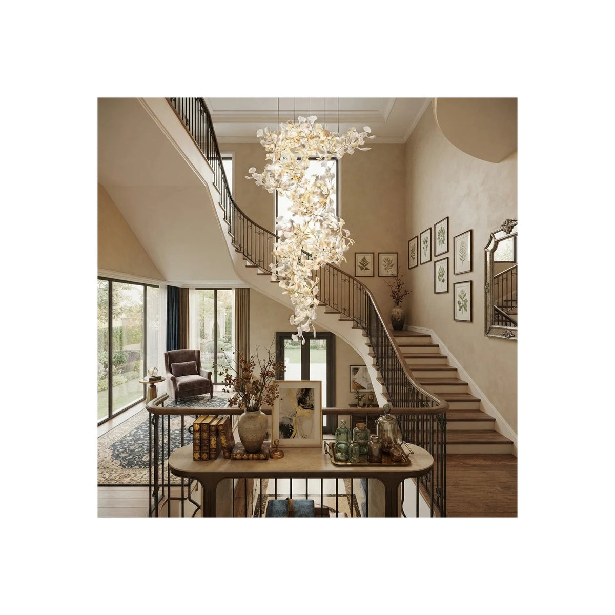 CascadeFlora Ginkgo Leaf Staircase Chandelier light fixture by AUVIELIGHT