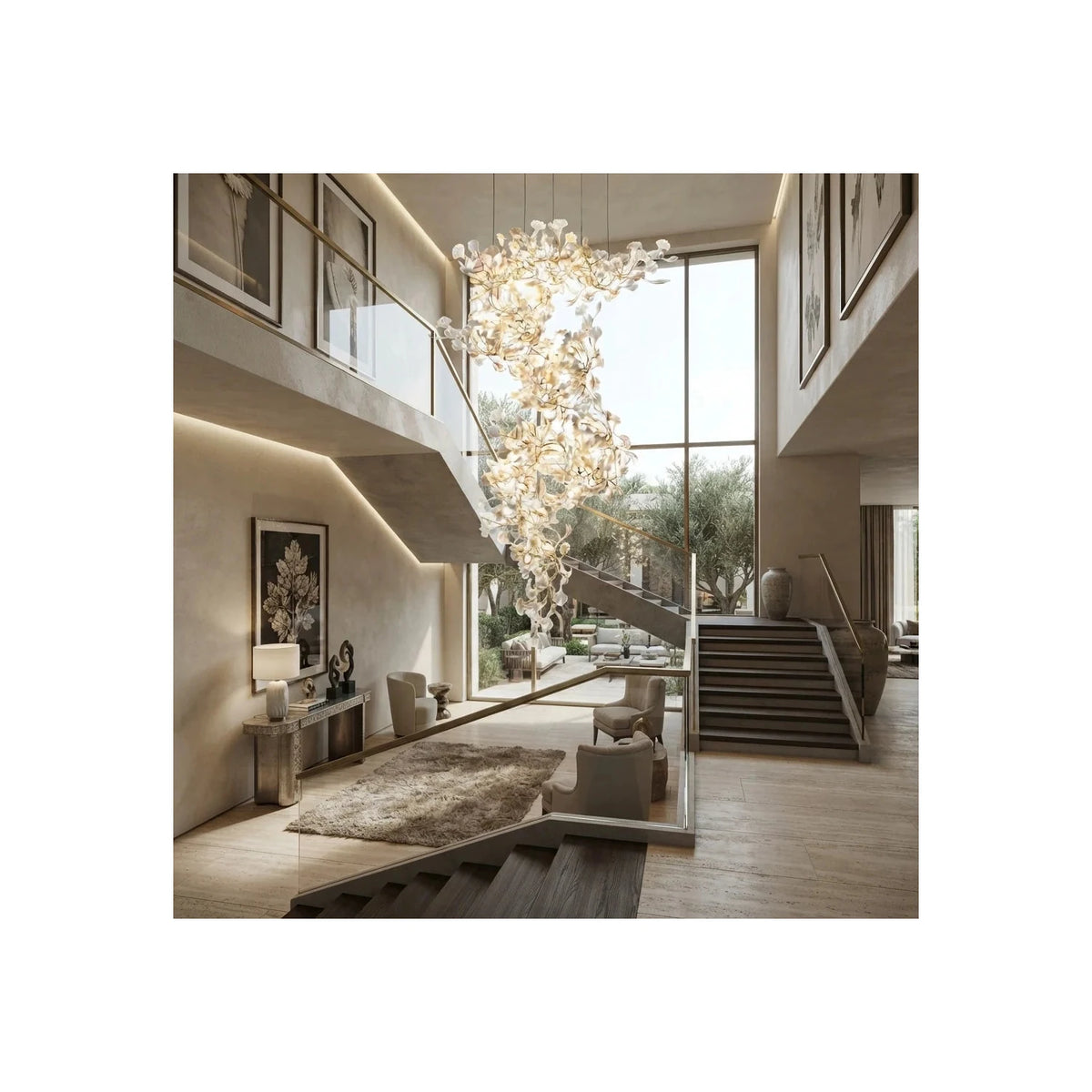 CascadeFlora Ginkgo Leaf Staircase Chandelier light fixture by AUVIELIGHT