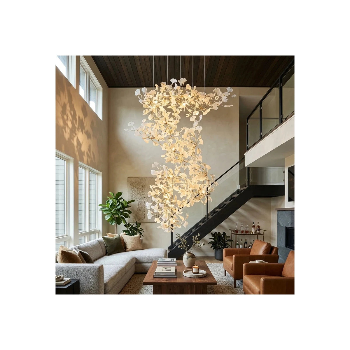 CascadeFlora Ginkgo Leaf Staircase Chandelier light fixture by AUVIELIGHT