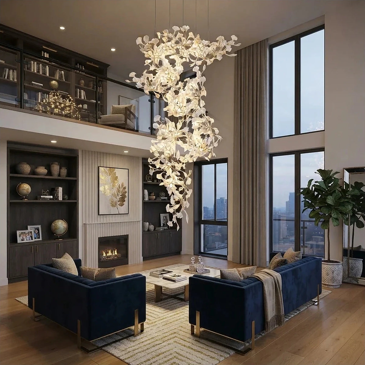 CascadeFlora Ginkgo Leaf Staircase Chandelier light fixture by AUVIELIGHT