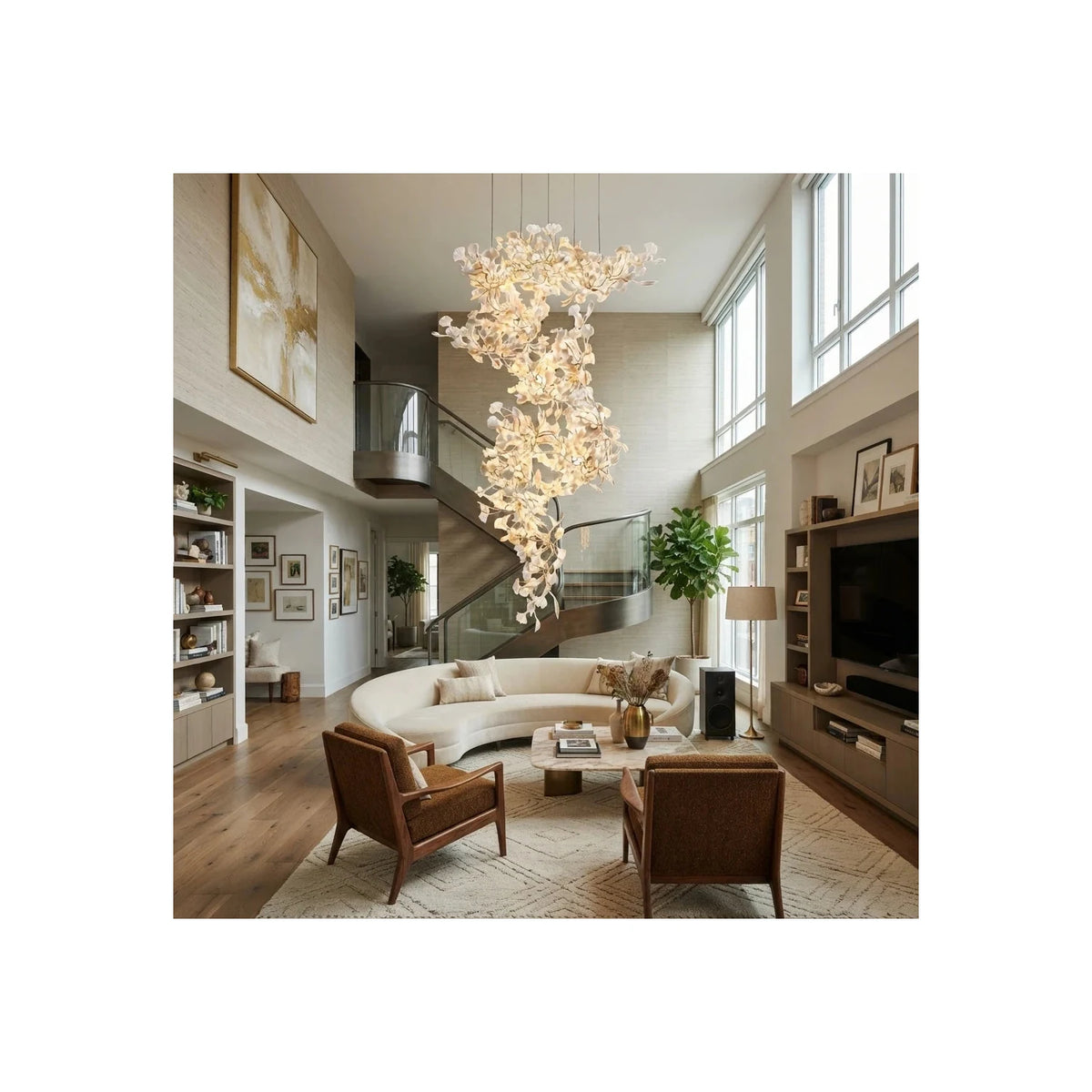 CascadeFlora Ginkgo Leaf Staircase Chandelier light fixture by AUVIELIGHT