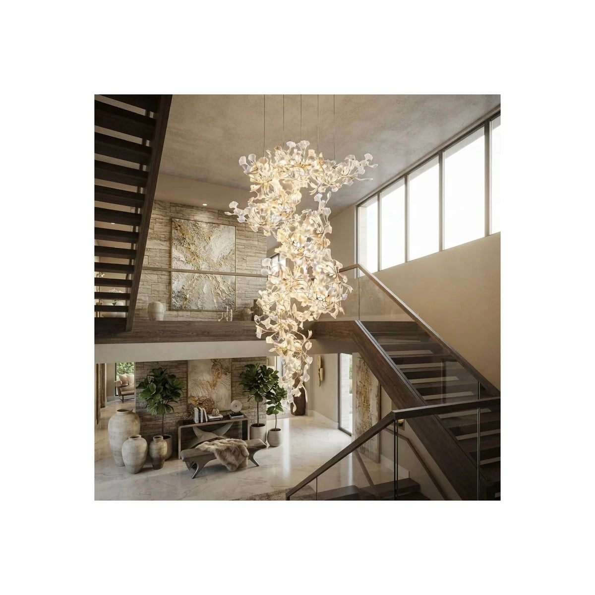CascadeFlora Ginkgo Leaf Staircase Chandelier light fixture by AUVIELIGHT