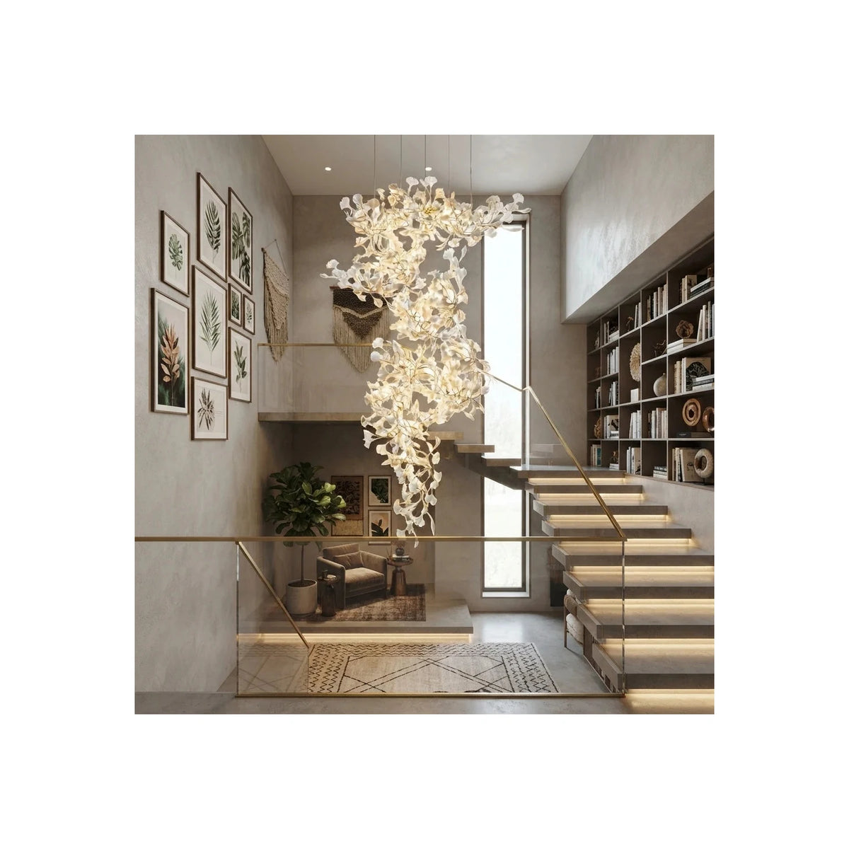 CascadeFlora Ginkgo Leaf Staircase Chandelier light fixture by AUVIELIGHT