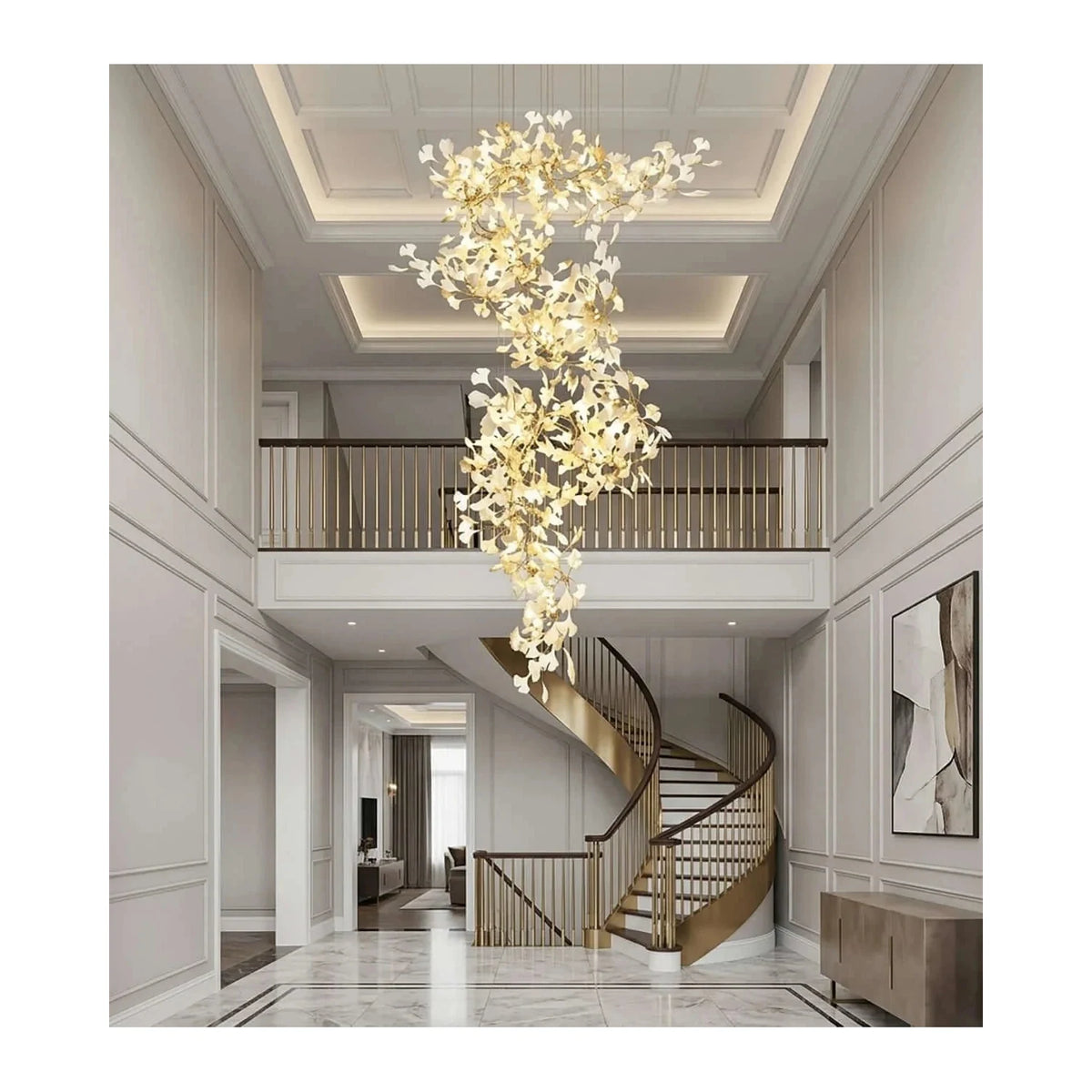 CascadeFlora Ginkgo Leaf Staircase Chandelier light fixture by AUVIELIGHT, ∅ 47.2″ × H 98.4″ / White & Gold