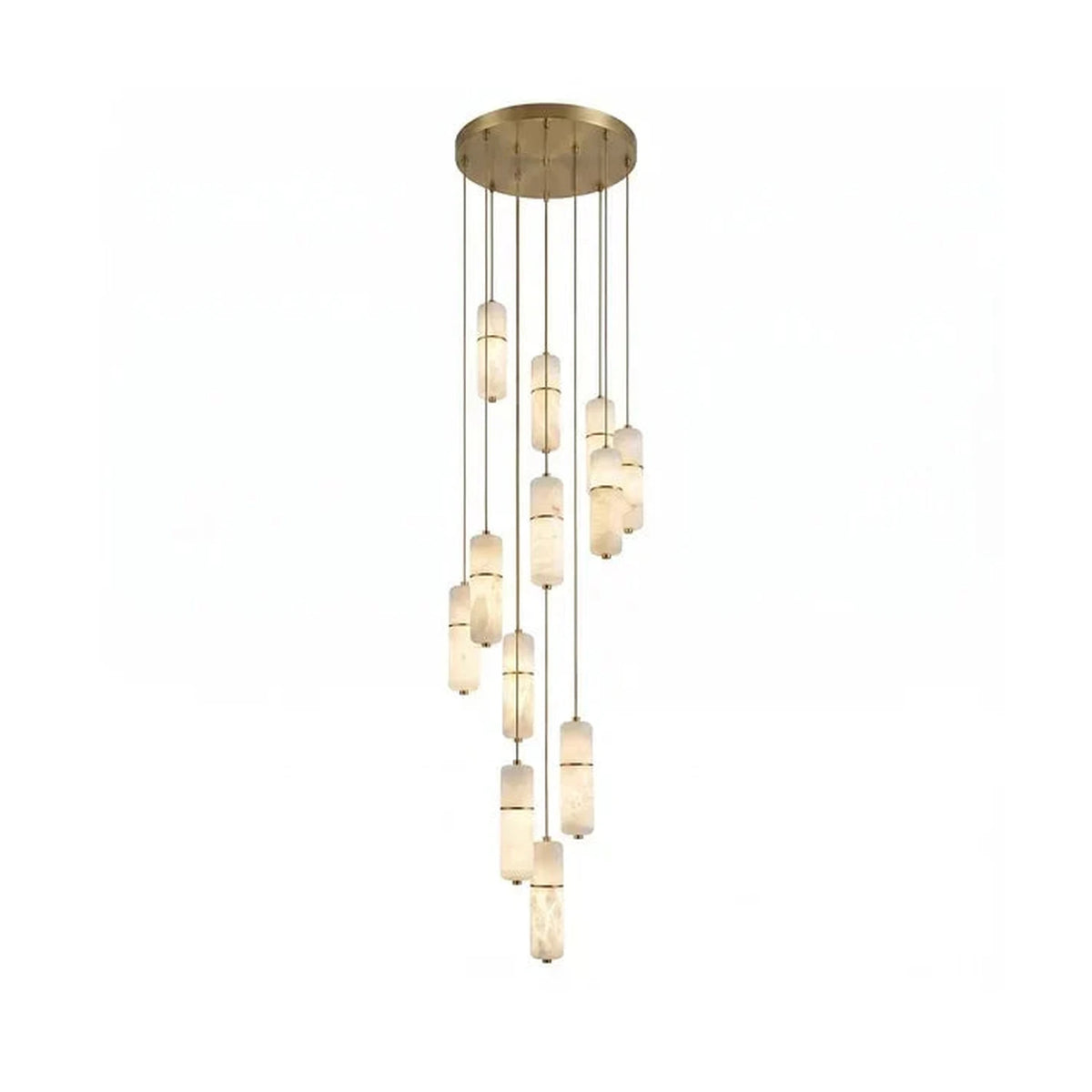 Cascading Cylinder Chandelier in alabaster for Dining Room light fixture by AUVIELIGHT, 12 heads D 50cm x H 350cm / ∅ 19.7″ x H 137.8″ / Brass &