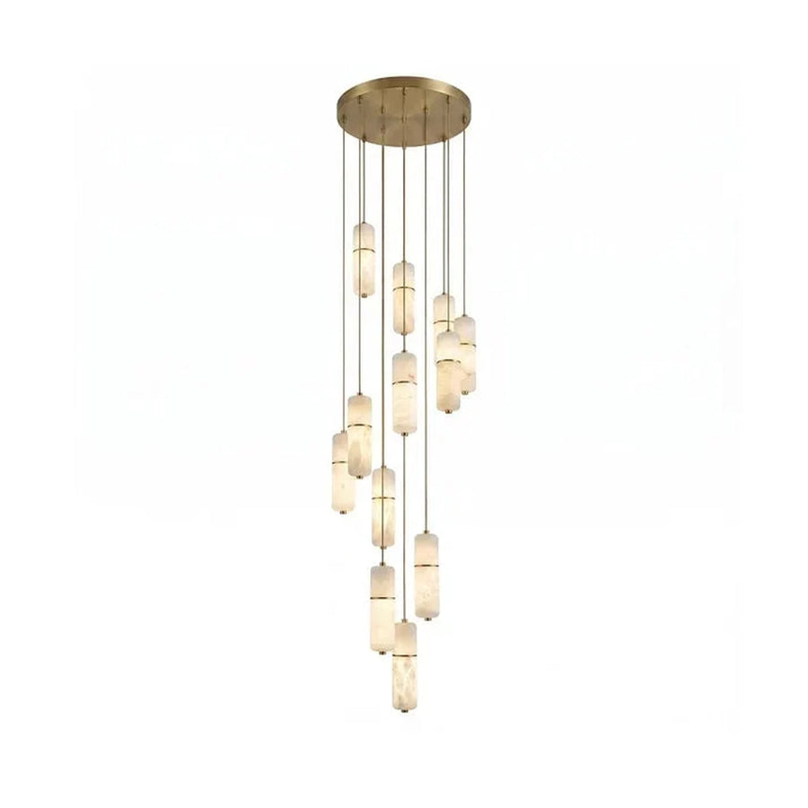 Cascading Cylinder Chandelier in alabaster for Dining Room light fixture by AUVIELIGHT, 12 heads D 50cm x H 350cm / ∅ 19.7″ x H 137.8″ / Brass &