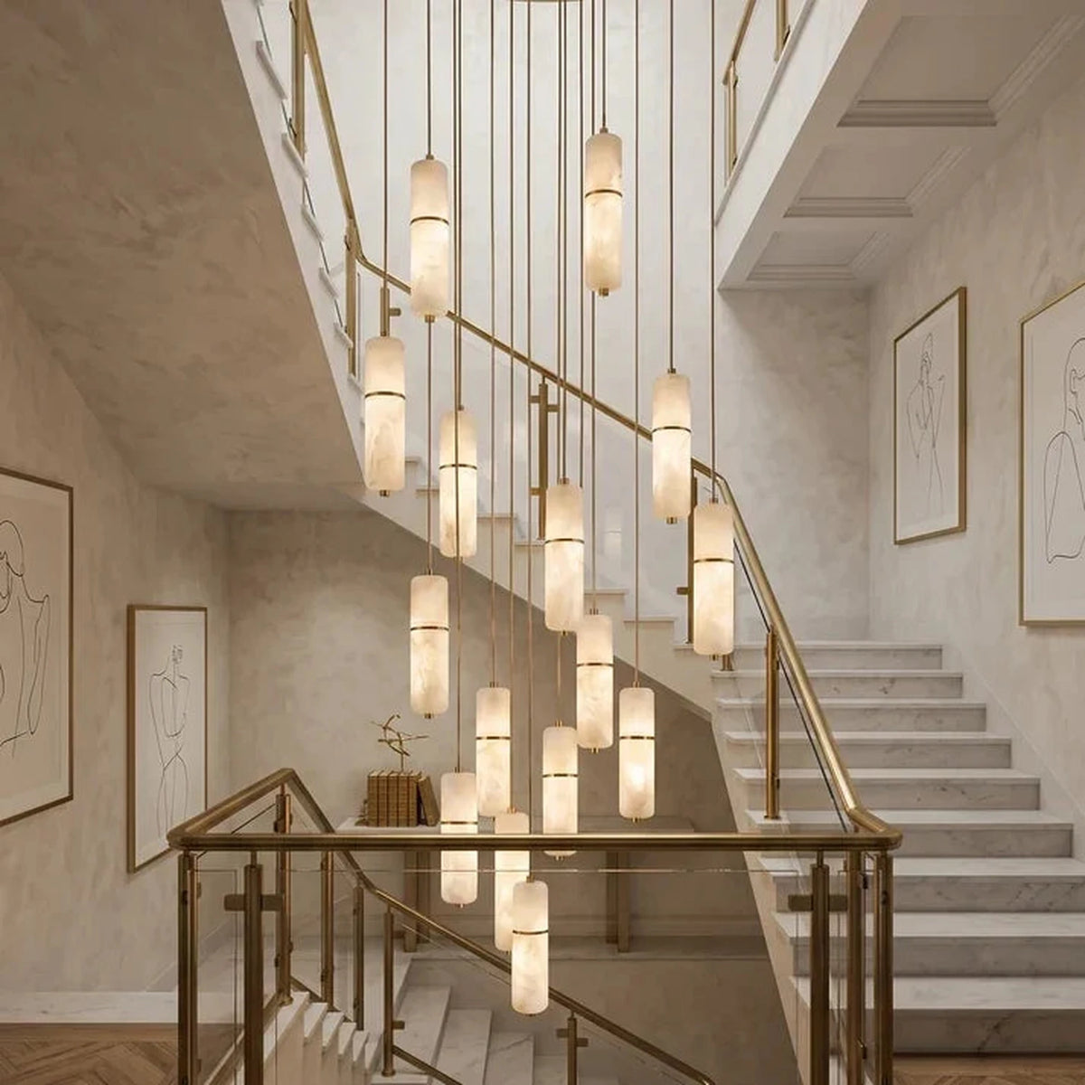Cascading Cylinder Chandelier in alabaster for Dining Room light fixture by AUVIELIGHT