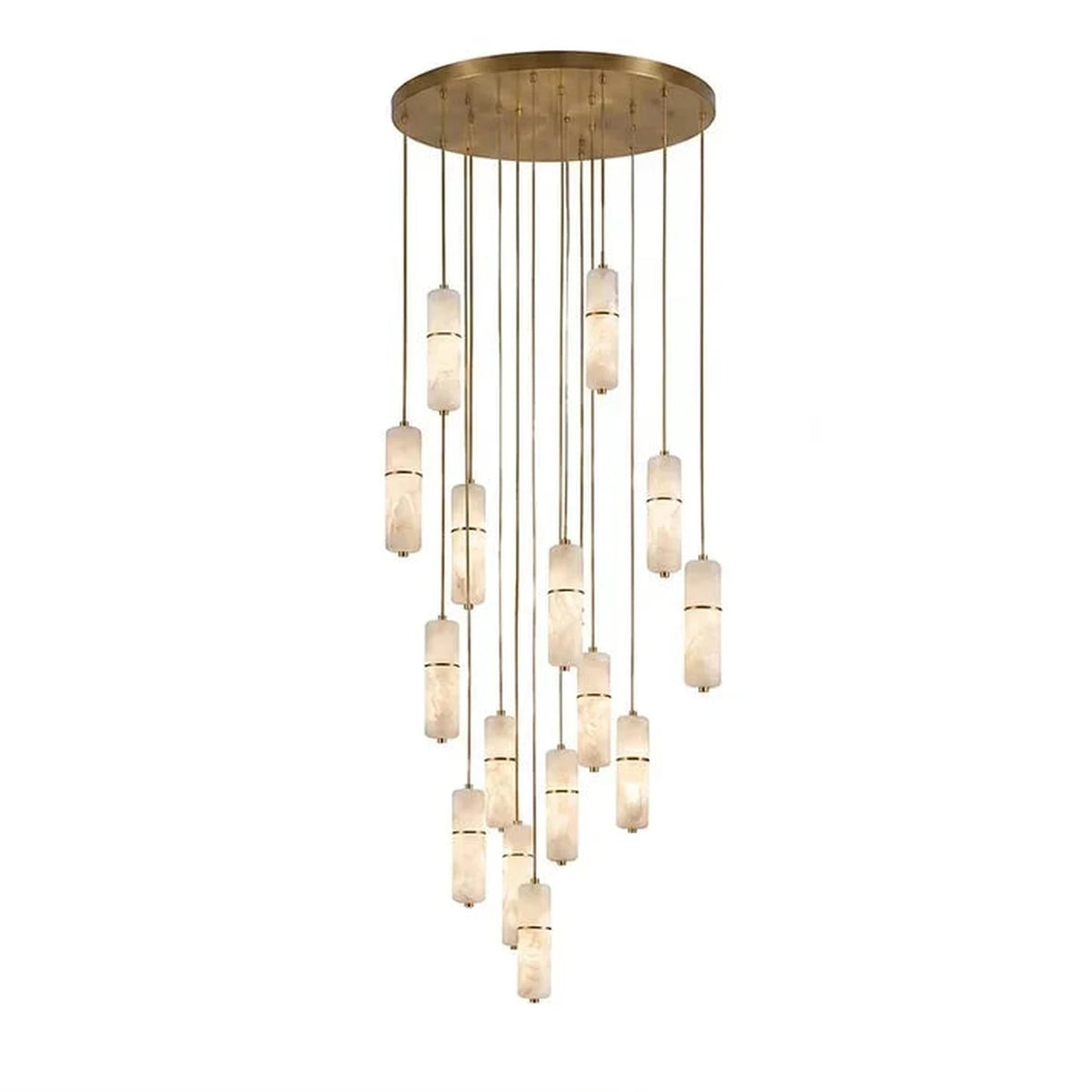 Cascading Cylinder Chandelier in alabaster for Dining Room light fixture by AUVIELIGHT, 15 heads D 60cm x H 400cm / ∅ 23.6″ x H 157.5″ / Brass &