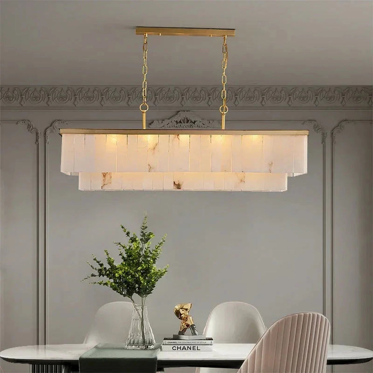 Cascading Linear Chandelier in alabaster for Dining Room light fixture by AUVIELIGHT