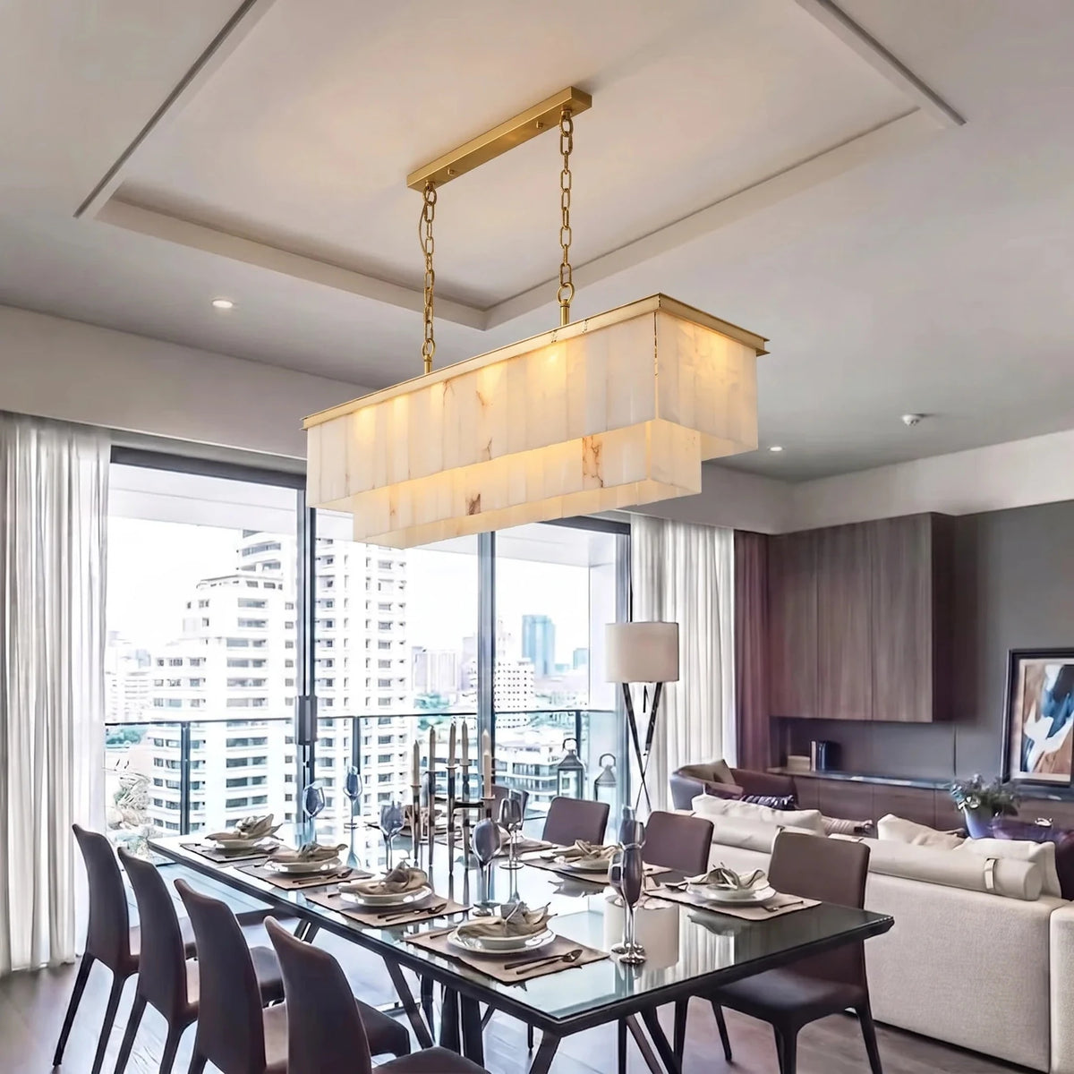 Cascading Linear Chandelier in alabaster for Dining Room light fixture by AUVIELIGHT