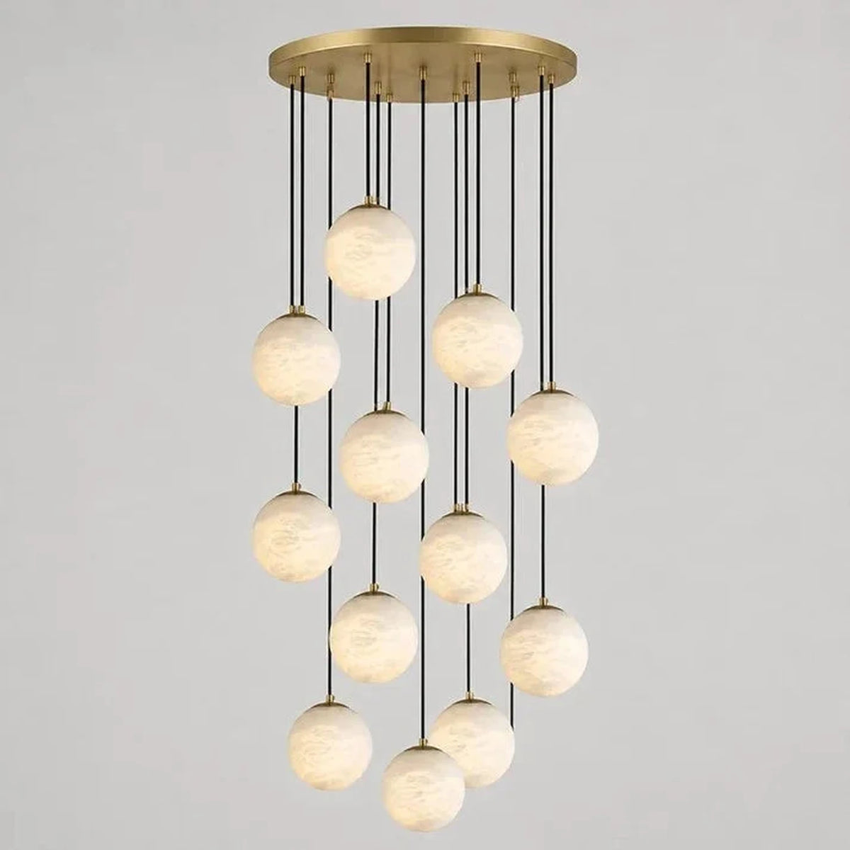Cascading Orb Light in alabaster for Living Room by AUVIELIGHT, 12 heads D 50cm x H 350cm / ∅ 19.7″ x H 137.8″ / Brass & White