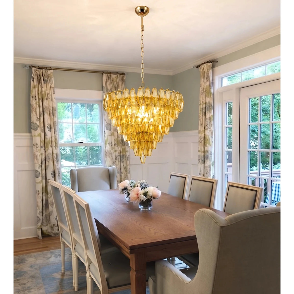 Contemporary Tiered Amber Spindle Glass Chandelier light fixture by AUVIELIGHT