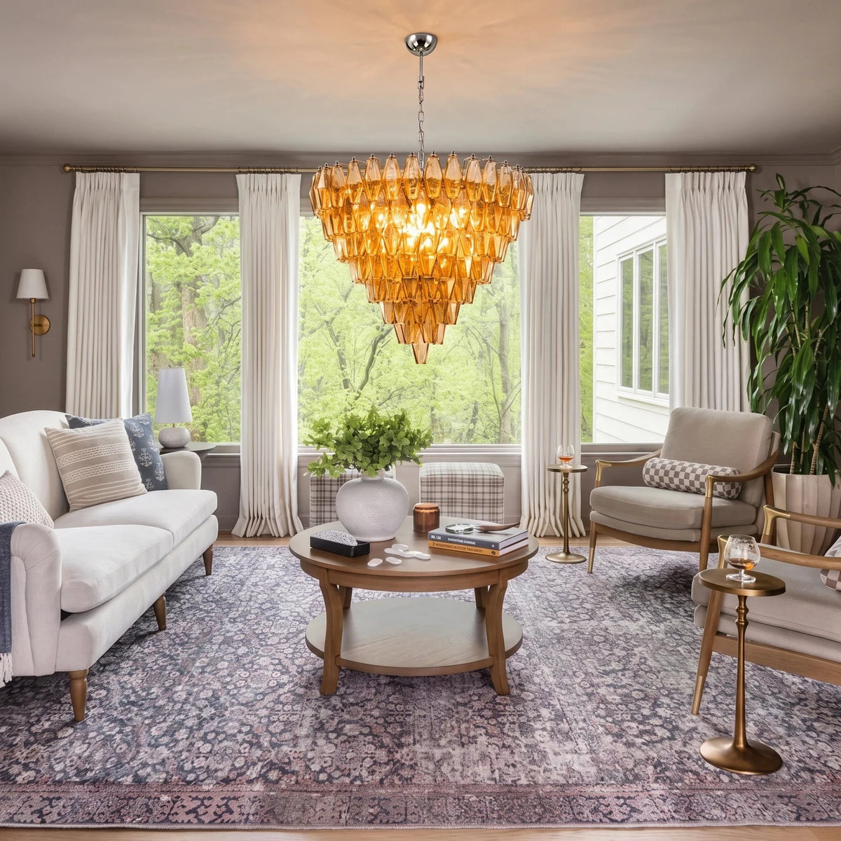 Contemporary Tiered Amber Spindle Glass Chandelier light fixture by AUVIELIGHT