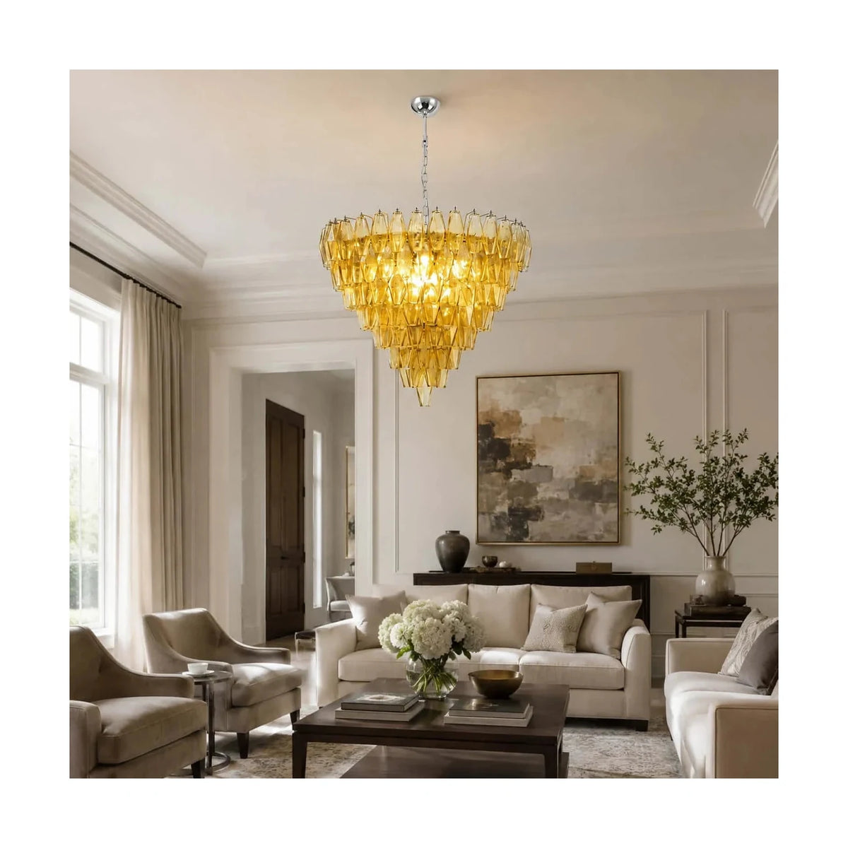 Contemporary Tiered Amber Spindle Glass Chandelier light fixture by AUVIELIGHT
