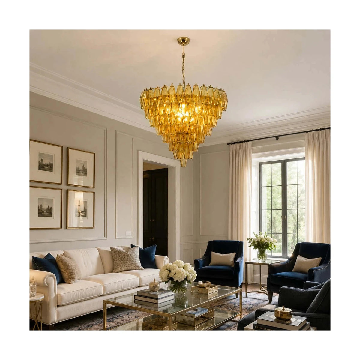 Contemporary Tiered Amber Spindle Glass Chandelier light fixture by AUVIELIGHT