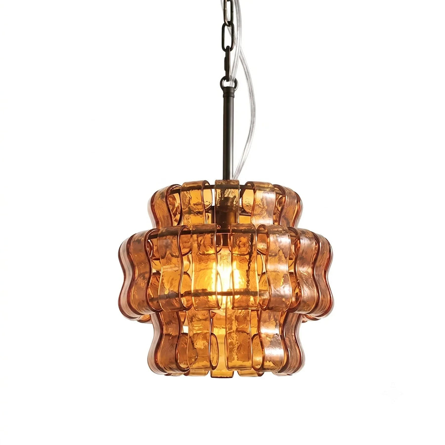 Contemporary Tiered Rippled Pendant Light in glass for Kitchen Island by AUVIELIGHT, ∅ 13″ x H 10.6″ / Amber & Black
