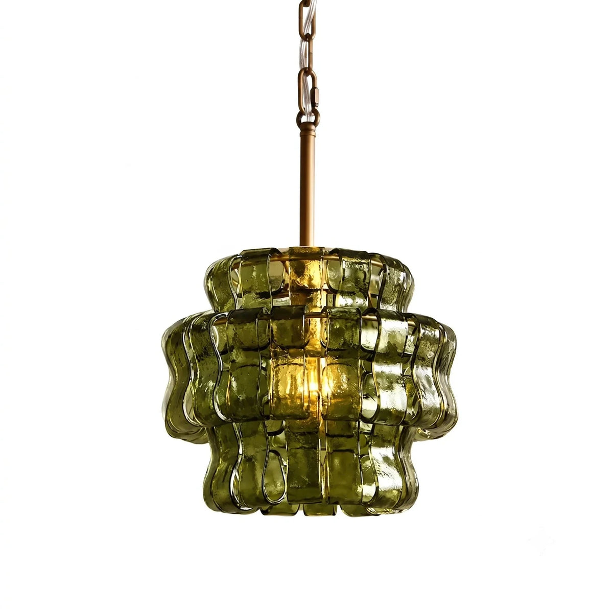 Contemporary Tiered Rippled Pendant Light in glass for Kitchen Island by AUVIELIGHT, ∅ 13″ x H 10.6″ / Green & Gold