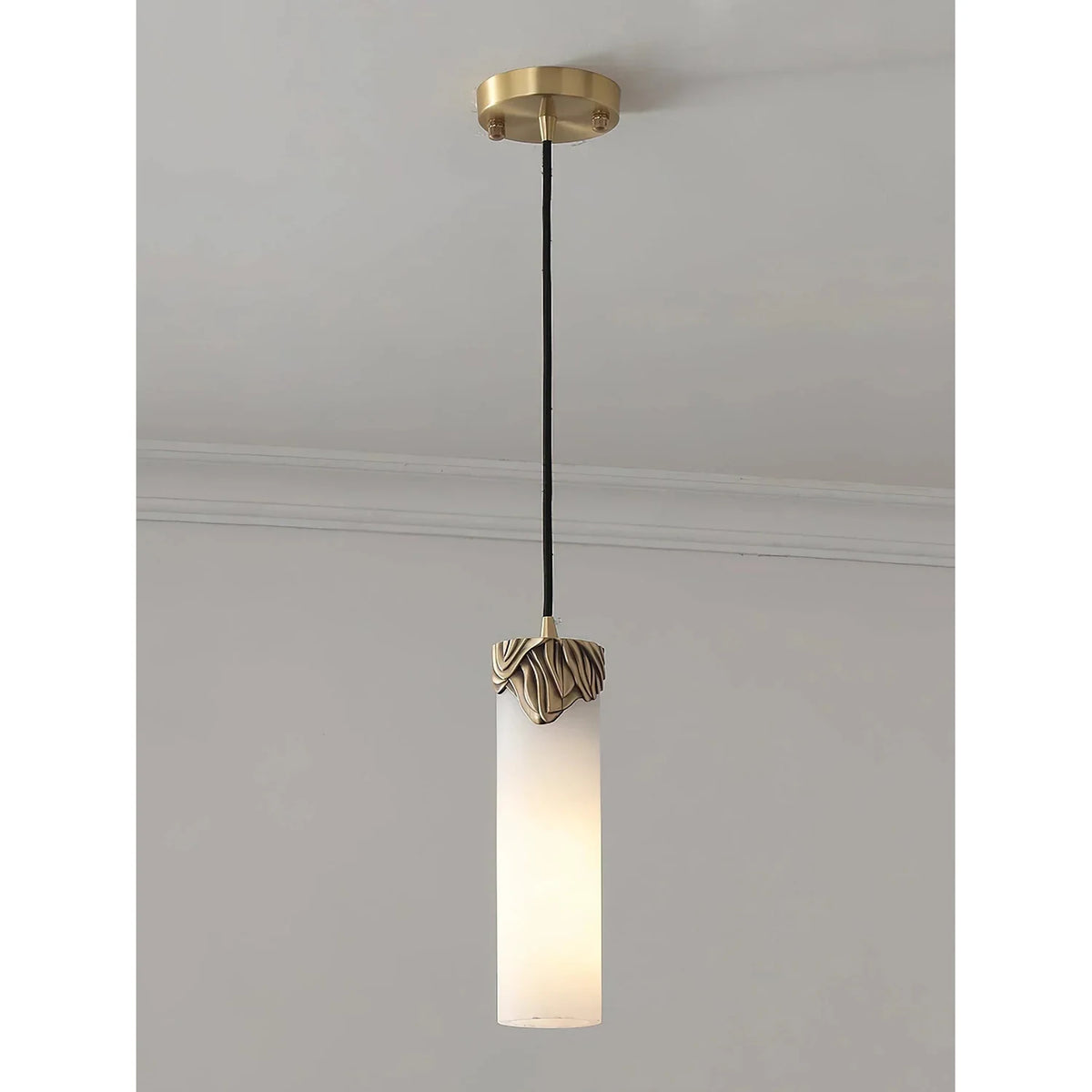 Corinth Alabaster Cylinder Pendant Light by AUVIELIGHT, ∅ 2.8″ x H 11″ / Brass & White