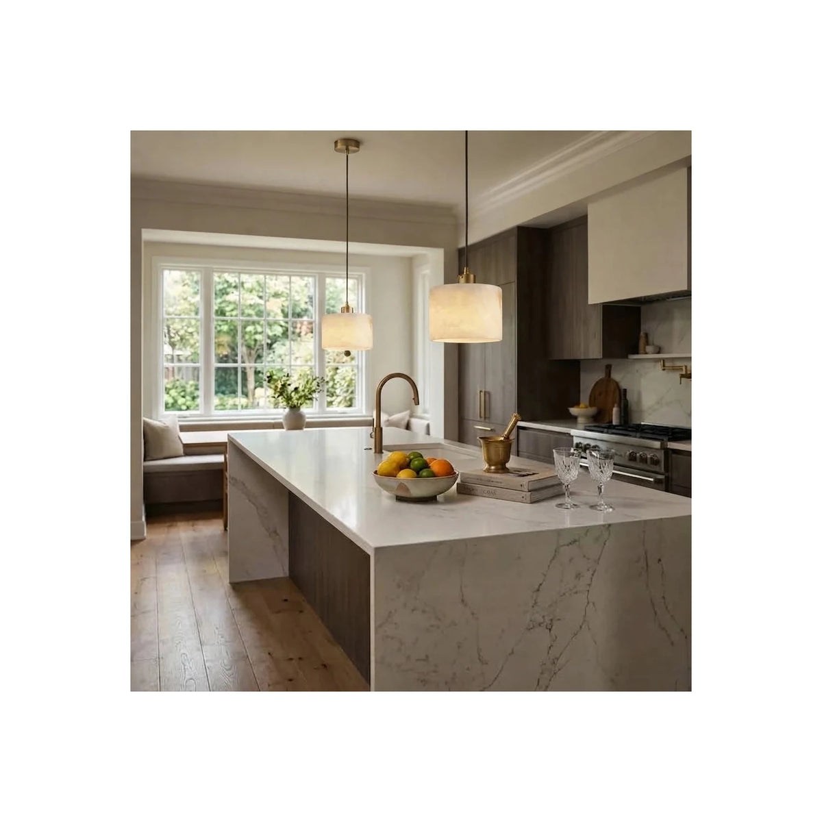 Corinth Brass Alabaster Drum light fixture by AUVIELIGHT