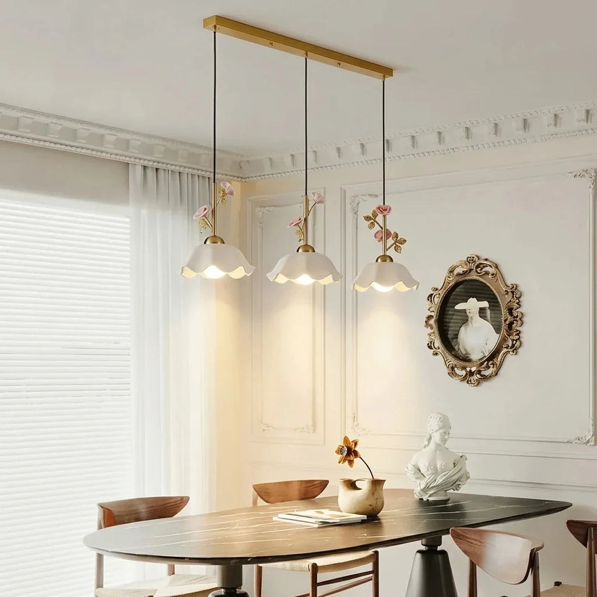 Country Linear Pendant Light in rose porcelain for Kitchen Island by AUVIELIGHT