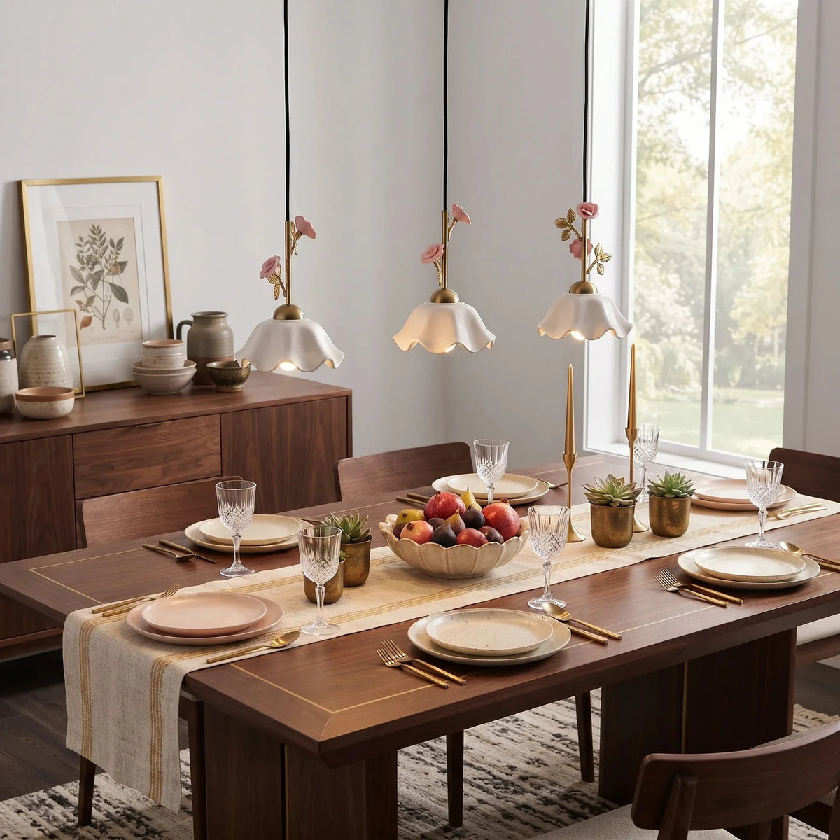 Country Linear Pendant Light in rose porcelain for Kitchen Island by AUVIELIGHT