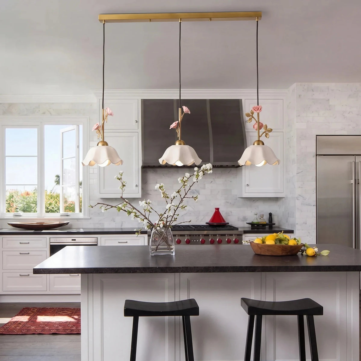Country Linear Pendant Light in rose porcelain for Kitchen Island by AUVIELIGHT